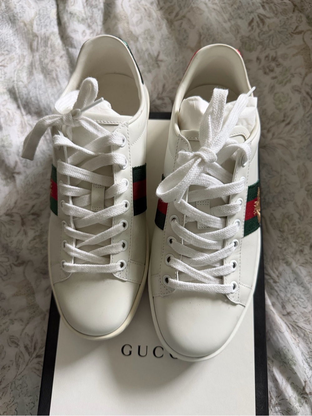 Gucci White Leather Ace Sneakers with Green-Red Web and Gold Bee
